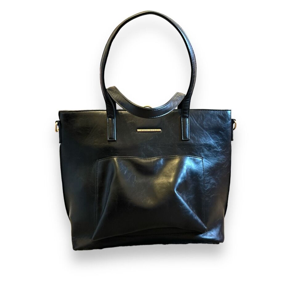 Ella Dane Women's Sleek Black Large Shiny Leather Classic Shoulder Tote Bag Mini - Picture 2 of 6